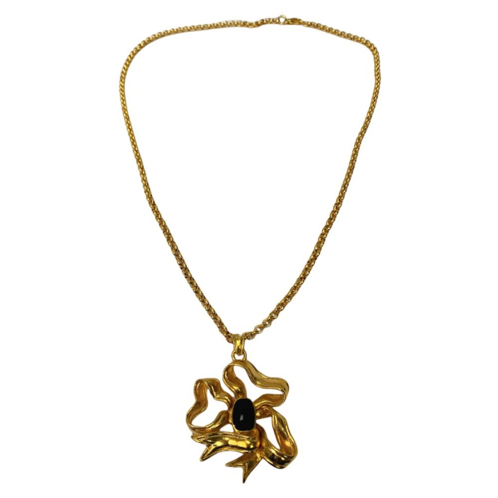 Ines de la Fressange Gold Blue Cabochon Ribbon Chain Necklace